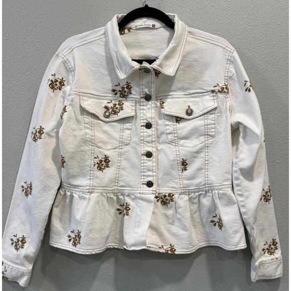 Given Kale Jackets & Blazers - GIVEN KALE Embroidered Floral Peplum Ruffle Denim Jacket, Women's Small
